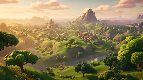 Sunlit game valley dreaming beneath storybook hills.