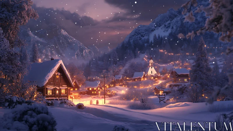 Snowy mountain village glows with gentle winter lights