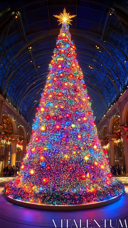 Towering indoor Christmas tree glows with dense colorful lights