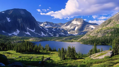 Mountain lake with snow peaks and dense green forest.