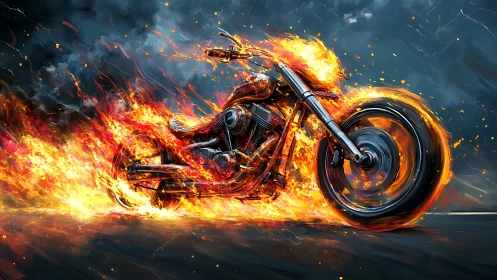 Flaming custom motorcycle races forward through fire and smoke