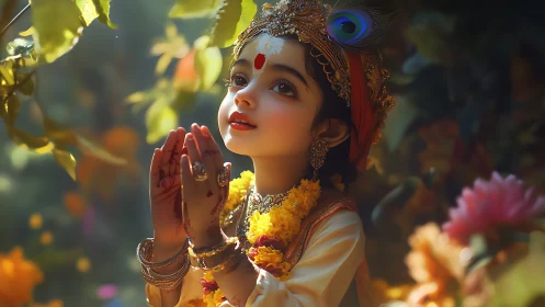 Gentle child in festive attire bathed in golden forest light.