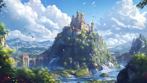 Hilltop castle complex overlooks rivers, bridges and waterfalls