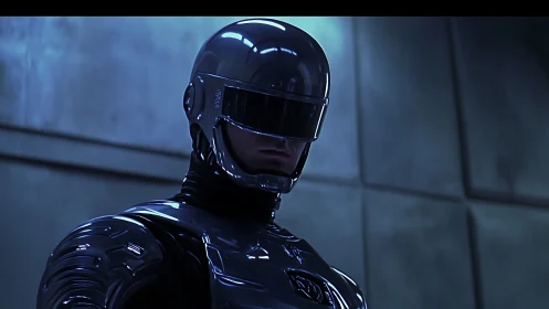 Armored cyborg officer under cold industrial light.