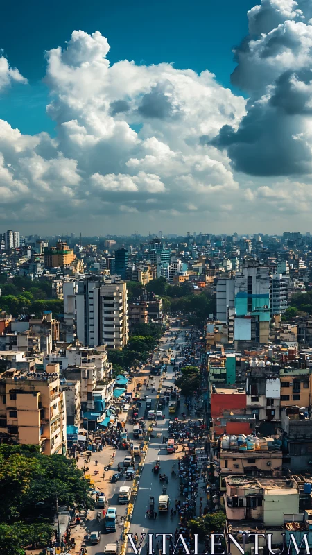 High angle urban boulevard under towering cumulus clouds
