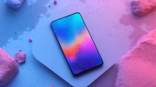 Dreamy gradient smartphone rests in a soft pastel techscape