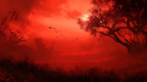Red-tinted landscape depicts silhouetted trees and distant birds
