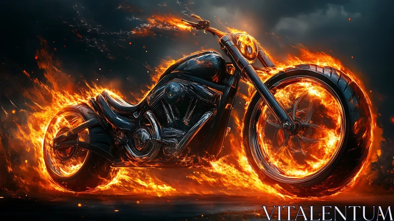 Motorcycle rendered in flames against dark stormy sky.