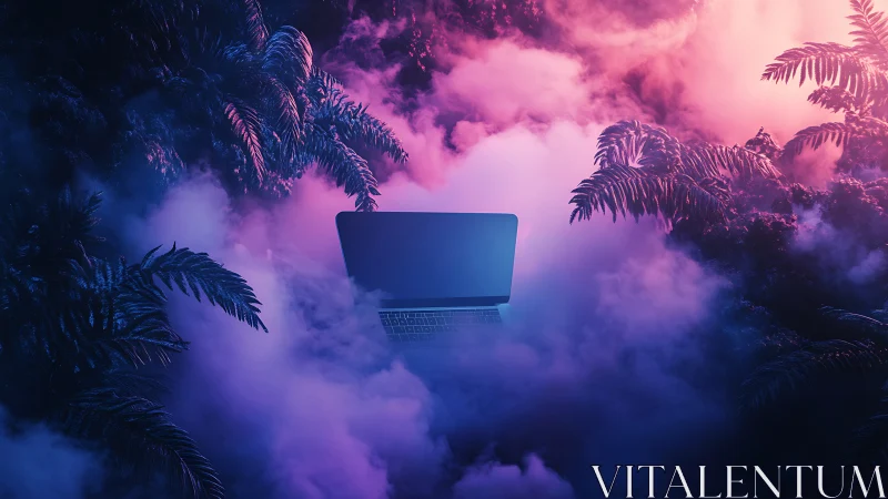 Cyberpunk laptop suspended in neon jungle vapor gradient.