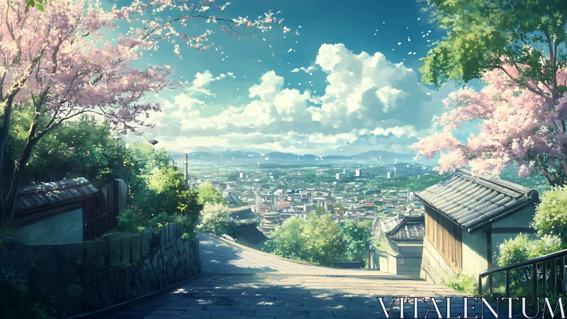 Hilltop stone pathway overlooking distant urban landscape.