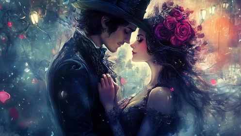 Victorian-Era Figures in Luminous Atmospheric Scene.