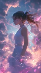 Ethereal girl silhouette drifting through glowing dream clouds.