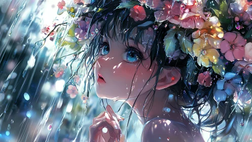 Rainlit flower-crowned girl gazing through the silver storm.