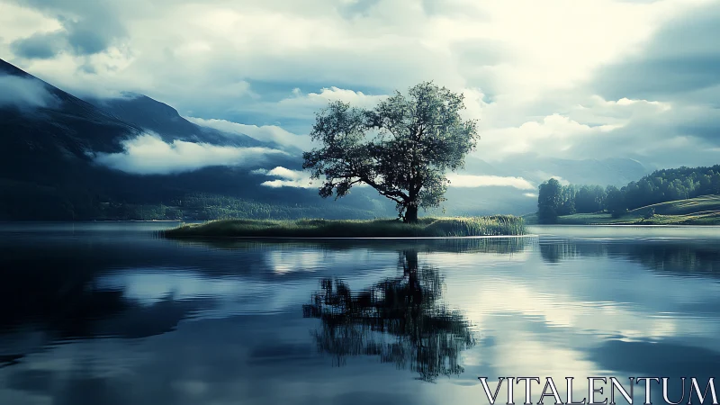 Solitary lakeside tree mirrored in tranquil atmospheric water