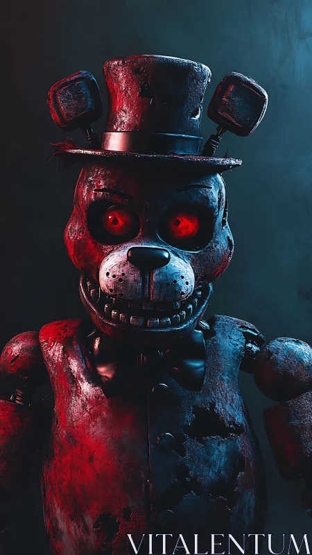 Rust-corroded animatronic bear glows with intense red eyes.