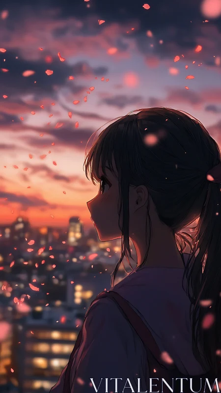 Anime girl overlooking city skyline at warm sunset sky.