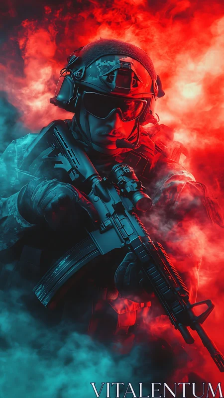 Tactical soldier holds rifle amid red and teal battlefield smoke