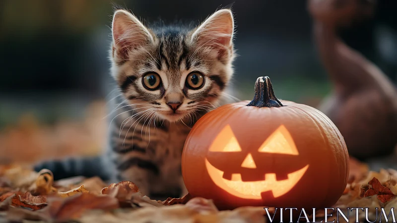 Adorable Kitten Discovers a Glowing Jack-O-Lantern