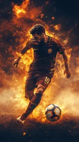 Digital render shows soccer player dribbling amid stylized fire
