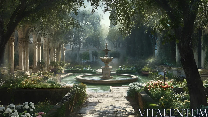Sunlit courtyard fountain in a dreamy secret garden.