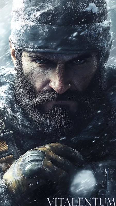 Bearded soldier endures blizzard with intense forward stare