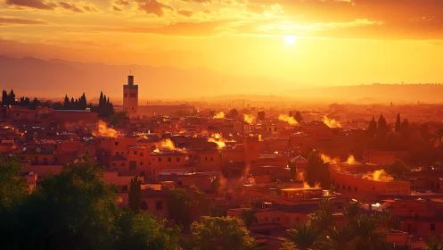 Sunlit Maghreb cityscape captures dense rooftops under haze