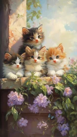 Four Calico Kittens Among Purple Flowering Vines at Sunlit Threshold.