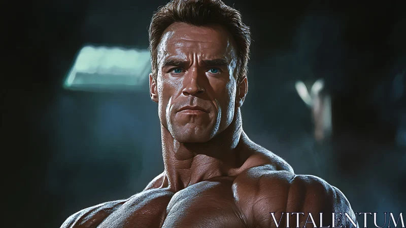 Hyperreal muscular portrait under dramatic rim light.