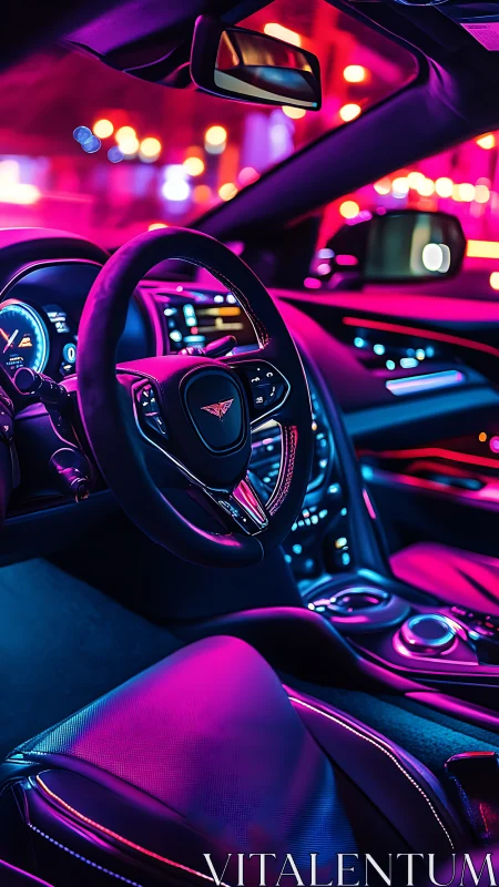 Luxury sports car cockpit glows in neon city lights