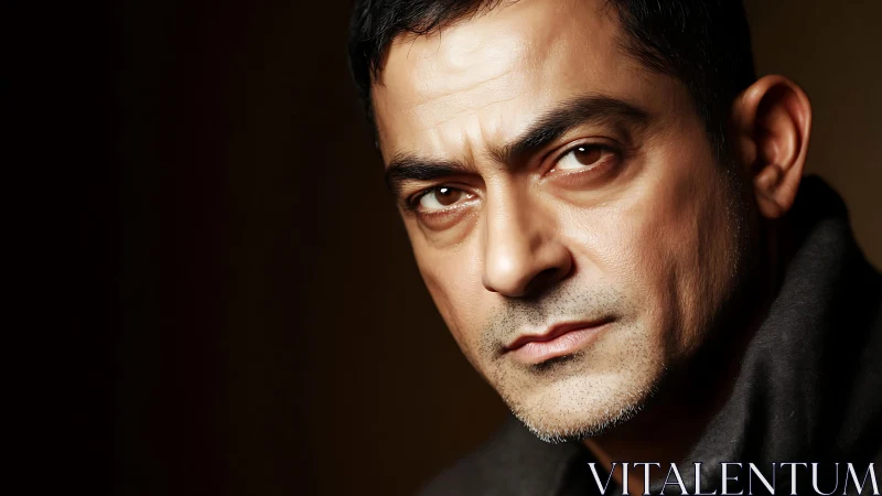 Intense middle-aged man gazes forward in dramatic light.