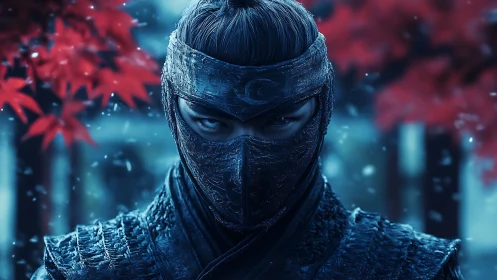 Steely eyed masked warrior in blue armor under red leaves.