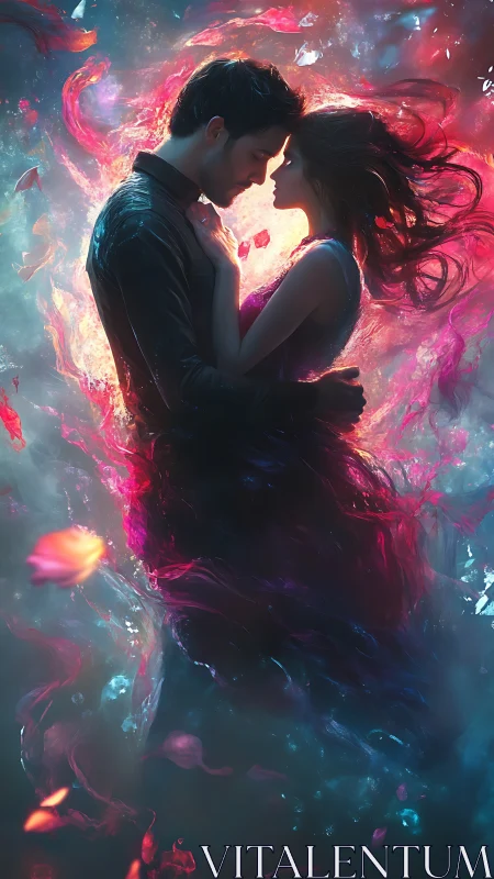 Ethereal Couple Embraced in Cosmic Energy Vortex