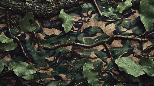 Camouflage fabric blended with leaves and tree branches.