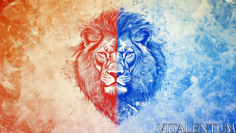 Fire and frost lion portrait split by bold elemental clash.