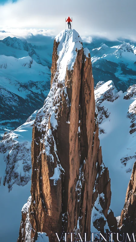 High-altitude alpinist atop narrow snow-capped granite spire