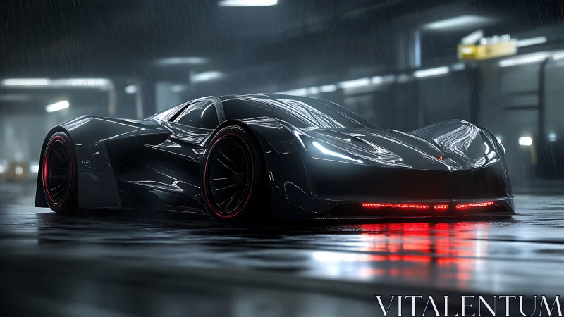Futuristic black supercar in rainy urban night setting.