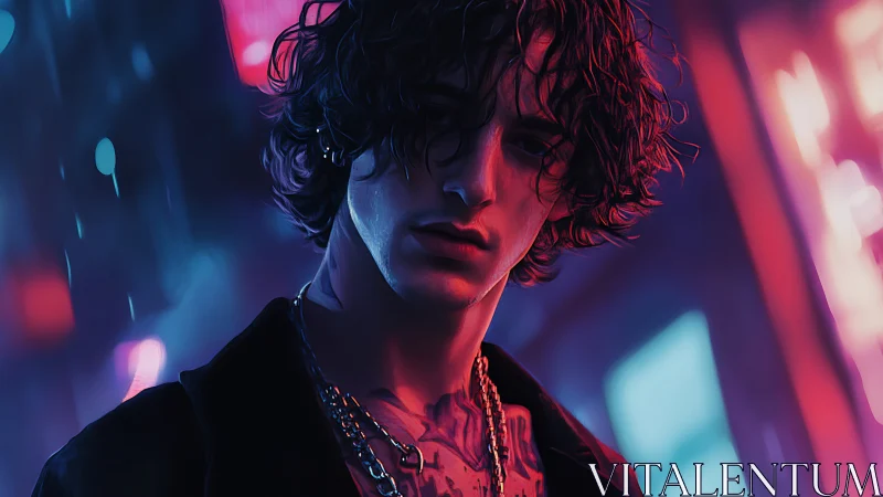 Neon-lit cyber-noir portrait isolates a brooding urban drifter
