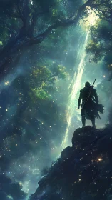 Lone cloaked warrior overlooks luminous enchanted forest