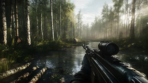 Scoped Rifle Positioned in Birch Forest Stream Environment.