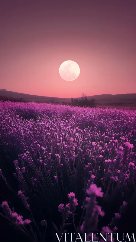 Digital painting of lavender field under magenta moonrise.