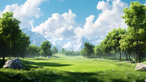 Mountain meadow landscape with vivid trees and glowing grass.