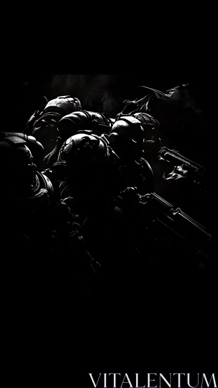Armored space marines advance through deep-shadow void