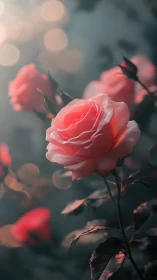 Pink roses with water droplets captured in soft bokeh lighting conditions.