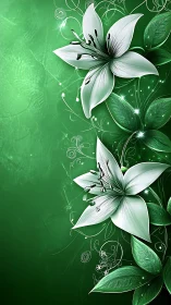 White lilies with green foliage rendered against gradient background.
