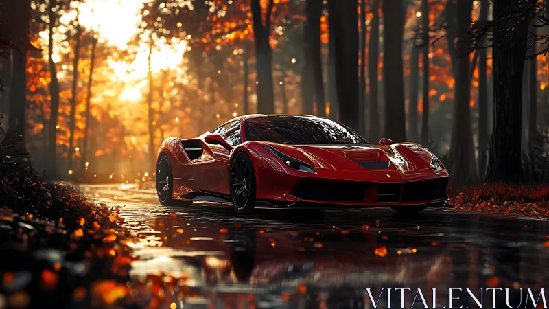 Red supercar cuts through reflective autumn forest road.