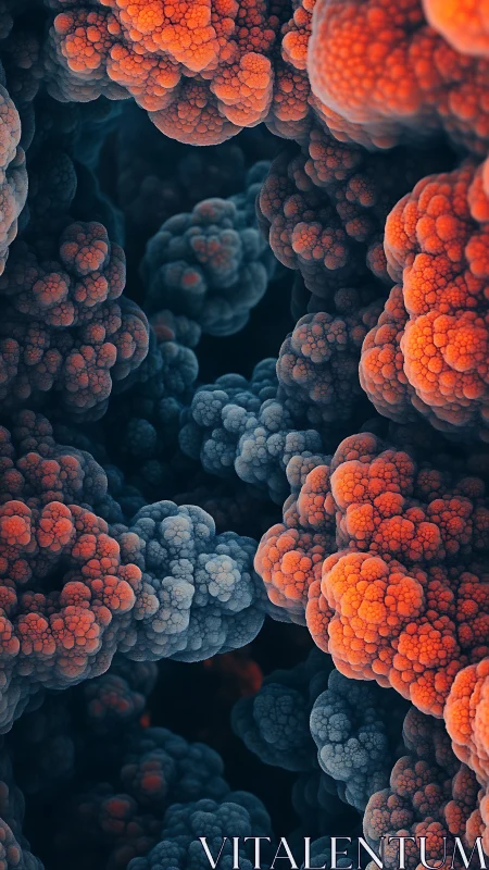 Molten coral nebulae blooming in a shadowy abstract cavern.