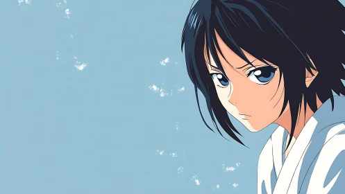 Stoic anime girl against soft sky blue backdrop.