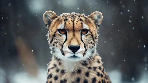 Snow-dusted cheetah portrait under soft winter snowfall.