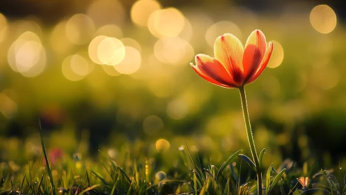 Single orange flower stands in sharp focus against bokeh field