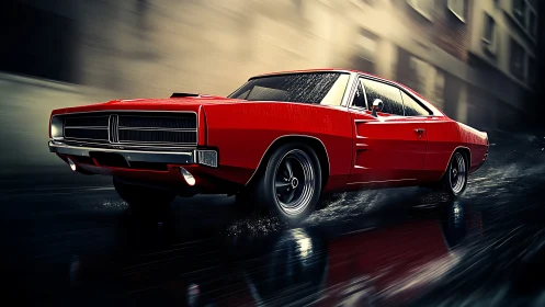 Red muscle car speeding through wet city street at night.